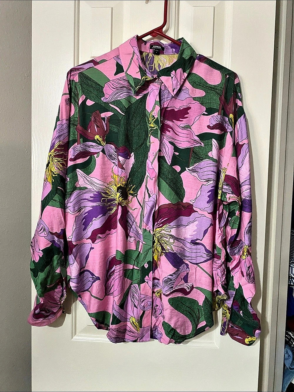 Express Floral Button Down Shirt in Pink & Green